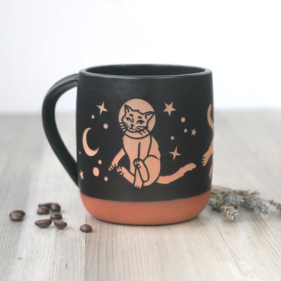 Space Cats Mug, Farmhouse Style Handmade Pottery