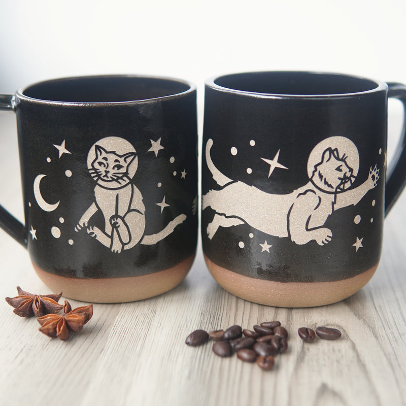 Space Cats Mug, Farmhouse Style Handmade Pottery