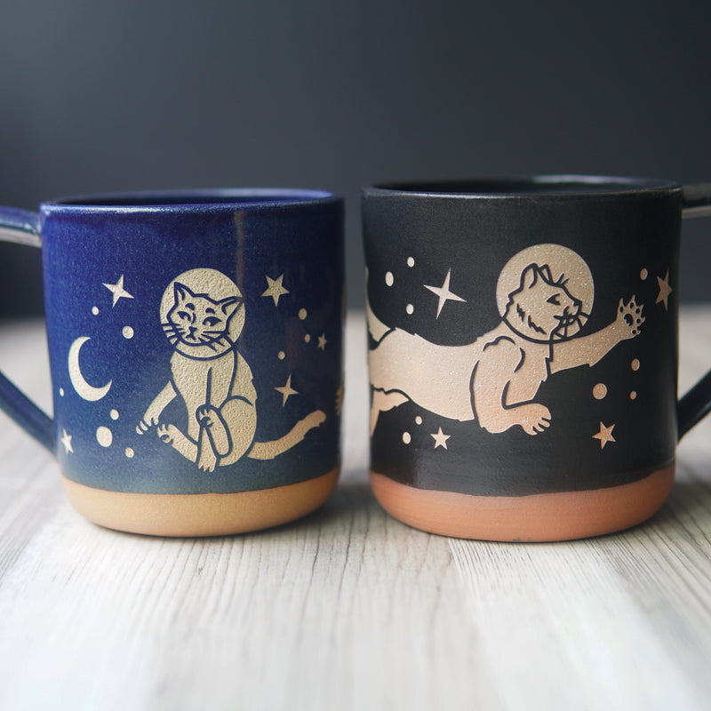 Space Cats Mug, Farmhouse Style Handmade Pottery